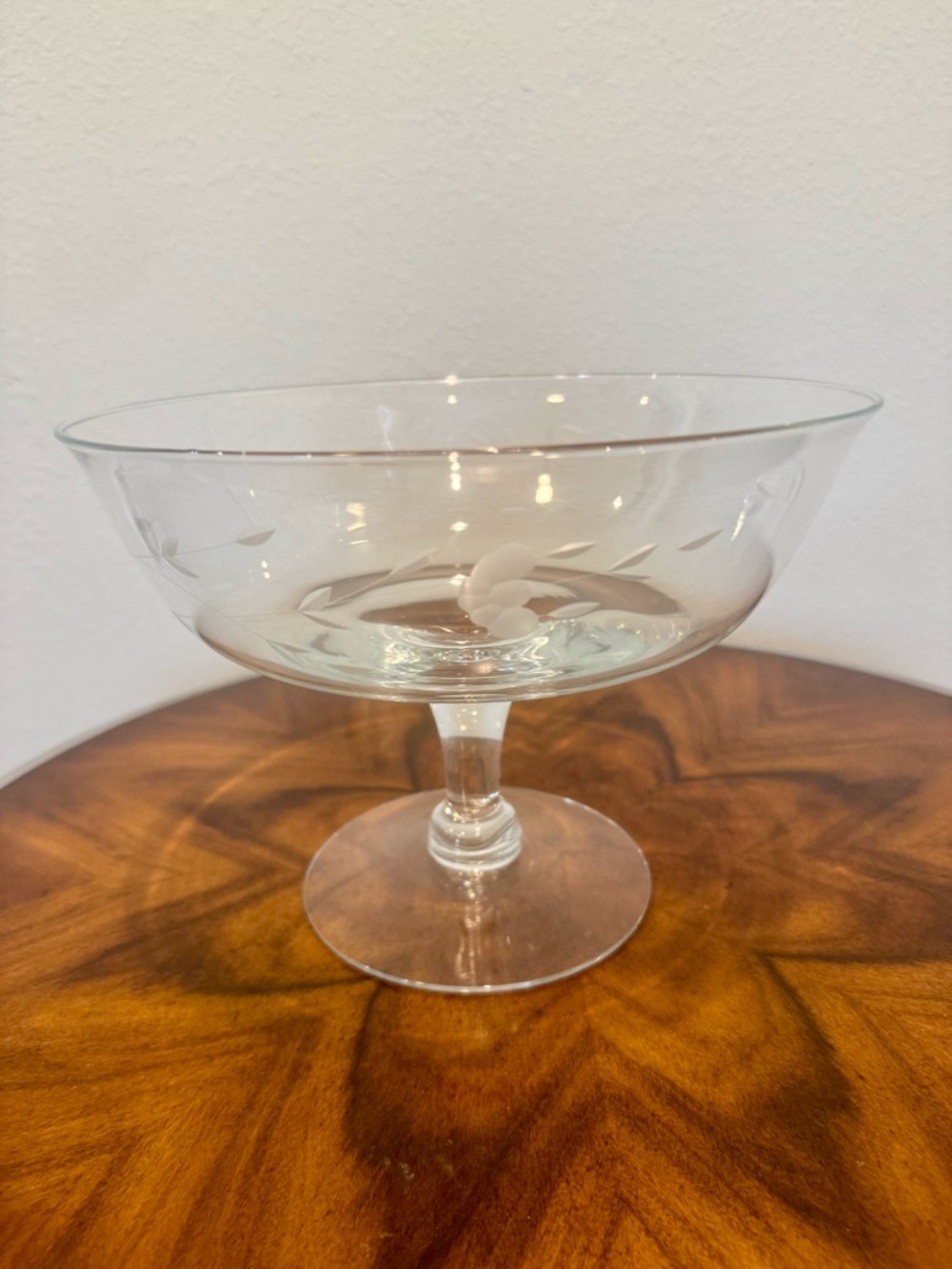 Princess House Heritage Clear Etched Glass Compote Bowl 9 5/8 X 7” Hand Blown